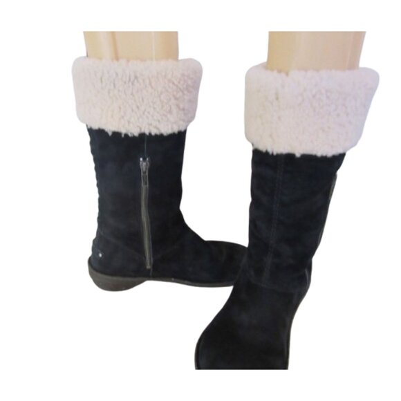 UGG Black Karyn Mid Calf Sheepskin Cuff Suede Leather Boots Size 7 Womens Side Z - Picture 2 of 7